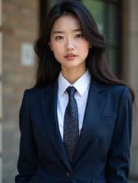 woman wearing a classic navy blue suit with a crisp white dress shirt and a patterned tie