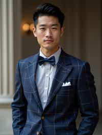 handsome and stylish man showcasing a unique windowpane check suit in a navy blue color with a patterned shirt and a contrasting bow tie