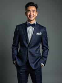 handsome and stylish man showcasing a unique windowpane check suit in a navy blue color with a patterned shirt and a contrasting bow tie