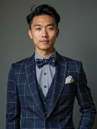 handsome and stylish man showcasing a unique windowpane check suit in a navy blue color with a patterned shirt and a contrasting bow tie