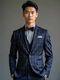 handsome and stylish man showcasing a unique windowpane check suit in a navy blue color with a patterned shirt and a contrasting bow tie