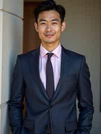 handsome and stylish man wearing a classic navy herringbone suit with a light pink dress shirt and a polka dot tie