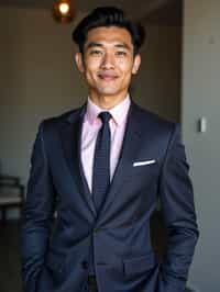 handsome and stylish man wearing a classic navy herringbone suit with a light pink dress shirt and a polka dot tie