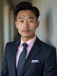 handsome and stylish man wearing a classic navy herringbone suit with a light pink dress shirt and a polka dot tie