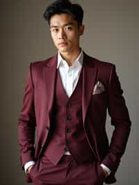 handsome and stylish man trying on a stylish three-piece suit in a rich burgundy color with a crisp white shirt and a paisley patterned pocket square