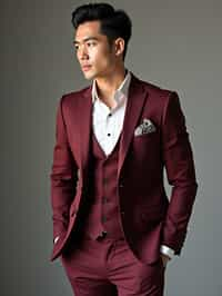 handsome and stylish man trying on a stylish three-piece suit in a rich burgundy color with a crisp white shirt and a paisley patterned pocket square