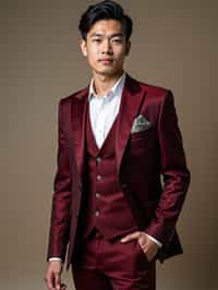 handsome and stylish man trying on a stylish three-piece suit in a rich burgundy color with a crisp white shirt and a paisley patterned pocket square