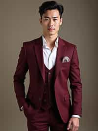 handsome and stylish man trying on a stylish three-piece suit in a rich burgundy color with a crisp white shirt and a paisley patterned pocket square