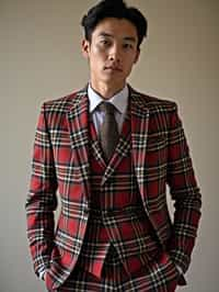 handsome and stylish man showcasing a dappersuit in a bold plaid pattern with a solid-colored shirt and a knitted tie