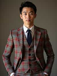 handsome and stylish man showcasing a dappersuit in a bold plaid pattern with a solid-colored shirt and a knitted tie