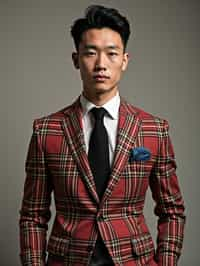 handsome and stylish man showcasing a dappersuit in a bold plaid pattern with a solid-colored shirt and a knitted tie