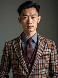 handsome and stylish man showcasing a dappersuit in a bold plaid pattern with a solid-colored shirt and a knitted tie