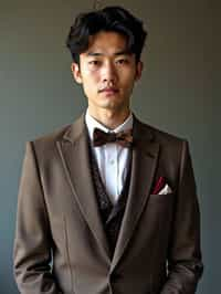 handsome and stylish man wearing a trendy tweed suit with a patterned bow tie and a contrasting vest