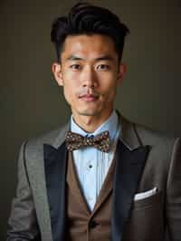 handsome and stylish man wearing a trendy tweed suit with a patterned bow tie and a contrasting vest