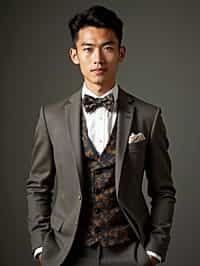 handsome and stylish man wearing a trendy tweed suit with a patterned bow tie and a contrasting vest