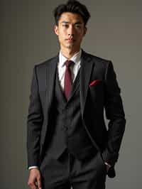 handsome and stylish man trying on a sophisticated pinstripe suit with a waistcoat and a burgundy tie