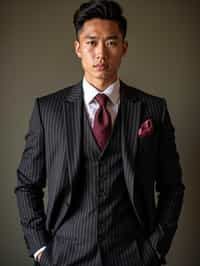 handsome and stylish man trying on a sophisticated pinstripe suit with a waistcoat and a burgundy tie