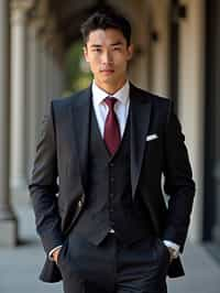 handsome and stylish man trying on a sophisticated pinstripe suit with a waistcoat and a burgundy tie