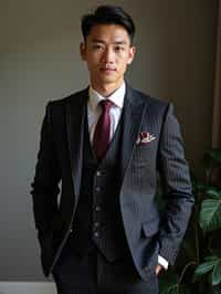 handsome and stylish man trying on a sophisticated pinstripe suit with a waistcoat and a burgundy tie