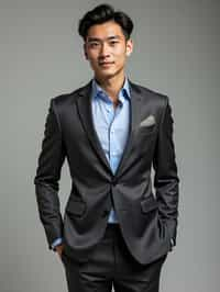 handsome and stylish man showcasing a modern slim-fit charcoal with a light blue dress shirt and a contrasting pocket square