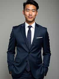 handsome and stylish man wearing a classic navy blue suit with a crisp white dress shirt and a patterned tie