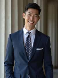 handsome and stylish man wearing a classic navy blue suit with a crisp white dress shirt and a patterned tie