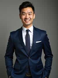 handsome and stylish man wearing a classic navy blue suit with a crisp white dress shirt and a patterned tie