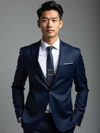 handsome and stylish man wearing a classic navy blue suit with a crisp white dress shirt and a patterned tie