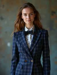 woman showcasing a unique windowpane check suit in a navy blue color with a patterned shirt and a contrasting bow tie