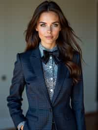 woman showcasing a unique windowpane check suit in a navy blue color with a patterned shirt and a contrasting bow tie