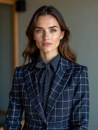 woman showcasing a unique windowpane check suit in a navy blue color with a patterned shirt and a contrasting bow tie