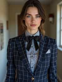 woman showcasing a unique windowpane check suit in a navy blue color with a patterned shirt and a contrasting bow tie