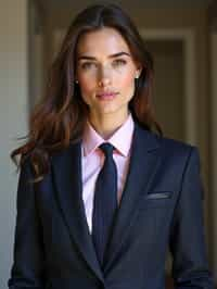 woman wearing a classic navy herringbone suit with a light pink dress shirt and a polka dot tie