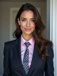 woman wearing a classic navy herringbone suit with a light pink dress shirt and a polka dot tie