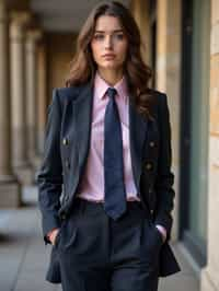 woman wearing a classic navy herringbone suit with a light pink dress shirt and a polka dot tie