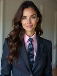 woman wearing a classic navy herringbone suit with a light pink dress shirt and a polka dot tie