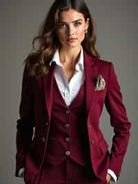 woman trying on a stylish three-piece suit in a rich burgundy color with a crisp white shirt and a paisley patterned pocket square