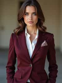 woman trying on a stylish three-piece suit in a rich burgundy color with a crisp white shirt and a paisley patterned pocket square