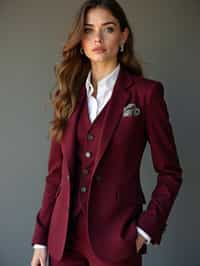 woman trying on a stylish three-piece suit in a rich burgundy color with a crisp white shirt and a paisley patterned pocket square