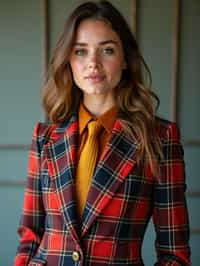 woman showcasing a dappersuit in a bold plaid pattern with a solid-colored shirt and a knitted tie