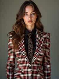 woman showcasing a dappersuit in a bold plaid pattern with a solid-colored shirt and a knitted tie