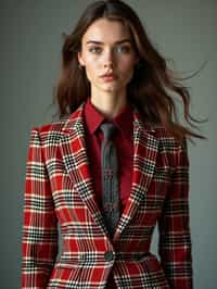 woman showcasing a dappersuit in a bold plaid pattern with a solid-colored shirt and a knitted tie