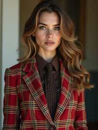 woman showcasing a dappersuit in a bold plaid pattern with a solid-colored shirt and a knitted tie