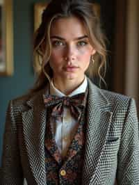 woman wearing a trendy tweed suit with a patterned bow tie and a contrasting vest