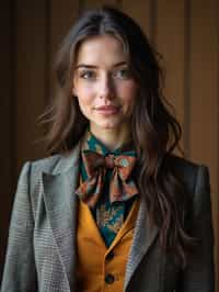 woman wearing a trendy tweed suit with a patterned bow tie and a contrasting vest