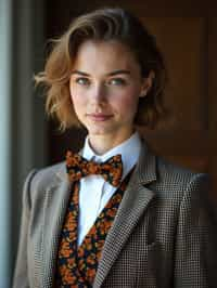 woman wearing a trendy tweed suit with a patterned bow tie and a contrasting vest