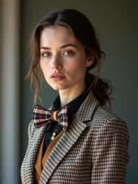 woman wearing a trendy tweed suit with a patterned bow tie and a contrasting vest