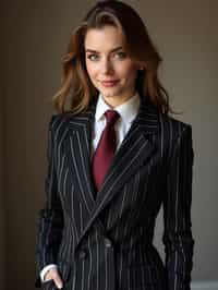 woman trying on a sophisticated pinstripe suit with a waistcoat and a burgundy tie