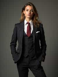 woman trying on a sophisticated pinstripe suit with a waistcoat and a burgundy tie