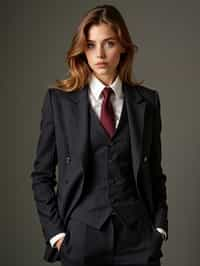 woman trying on a sophisticated pinstripe suit with a waistcoat and a burgundy tie